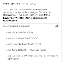 Copie d'écran de l'ordre du jour du conseil de Paris et liste des oratrice sur cette délibération : Mme Alice COFFIN (GEP) Mme Raphaëlle PRIMET (GCC) Mme Douchka MARKOVIC (GEP) Mme Anne BIRABEN (Changer Paris)