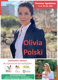 Affiche électorale de Olivia Polski ; sa photo, et les mentions habituelles (présentation, partenaires, etc.)