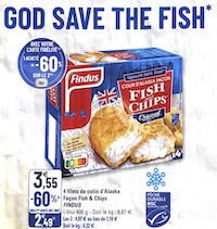 Couverture d'un dépliant publicitaire; EN gros, le titre "God save the fish*" avec la reproduction d'un paquet de poisson pané surgelé et une promoition. J'ai coupé l'enseigne."